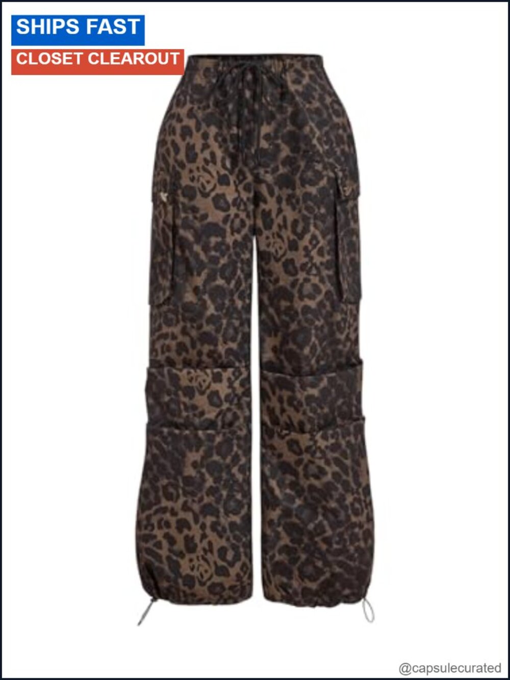Leopard Print Cargo Pants Straight Leg Drawstring Waist High Rise
